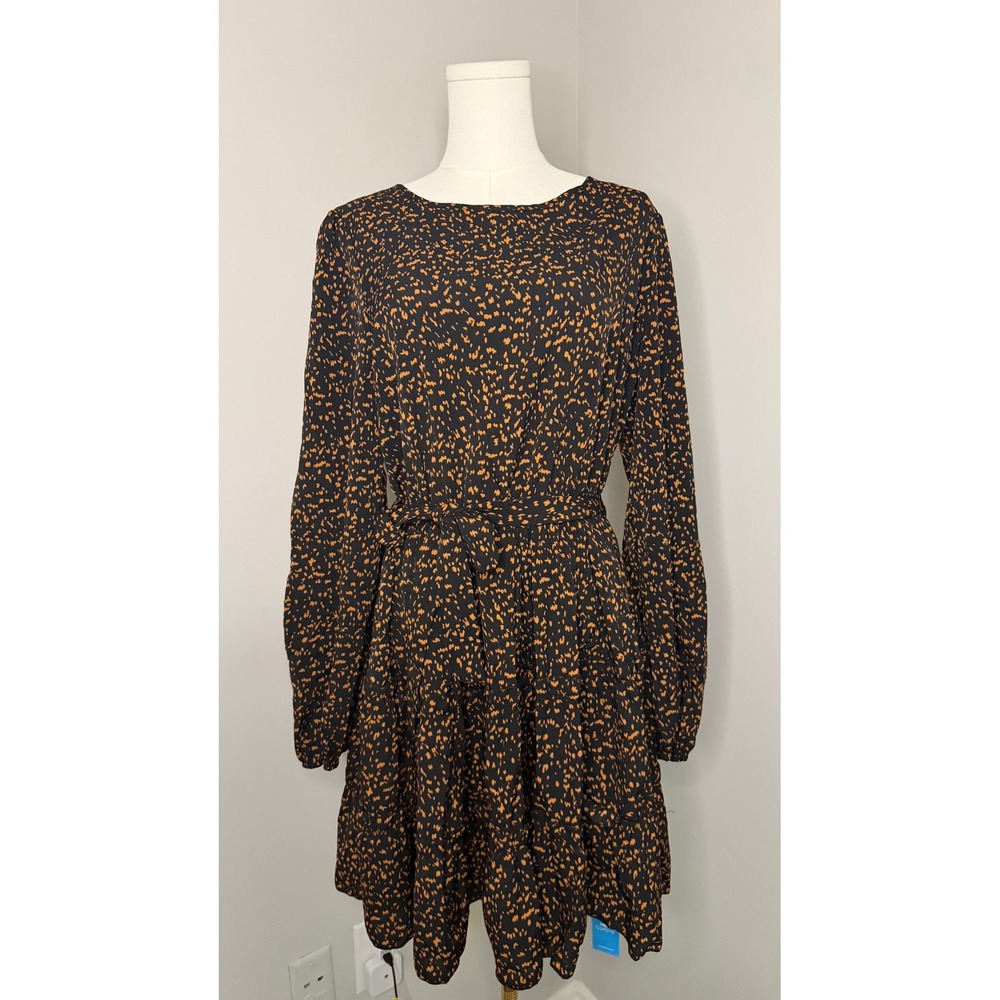 Cupshe Womens Orange Black Abstract Print Belted Tiered Mini Dress Large NEW